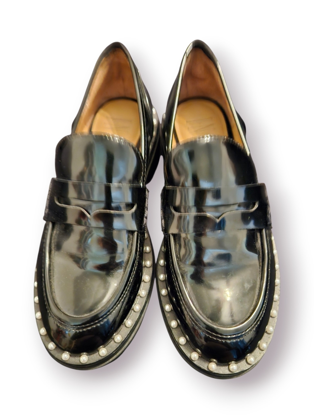 INC International Concepts Black Patent Loafers with Pearl Trim